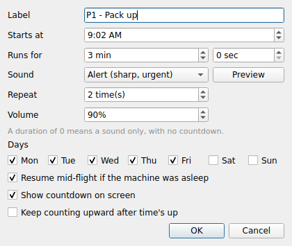LessonTimer schedule entry editor showing sound, repeat, volume and cue point settings