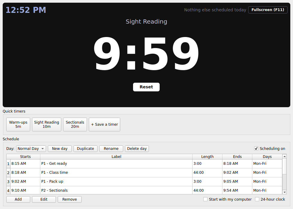 LessonTimer main window showing a running countdown, quick timers, and a class schedule table